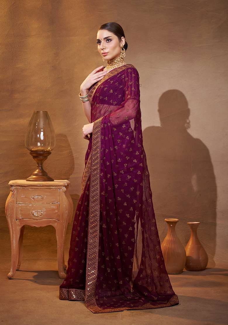 Purple Embroidered Chiffon Saree Set - Indya