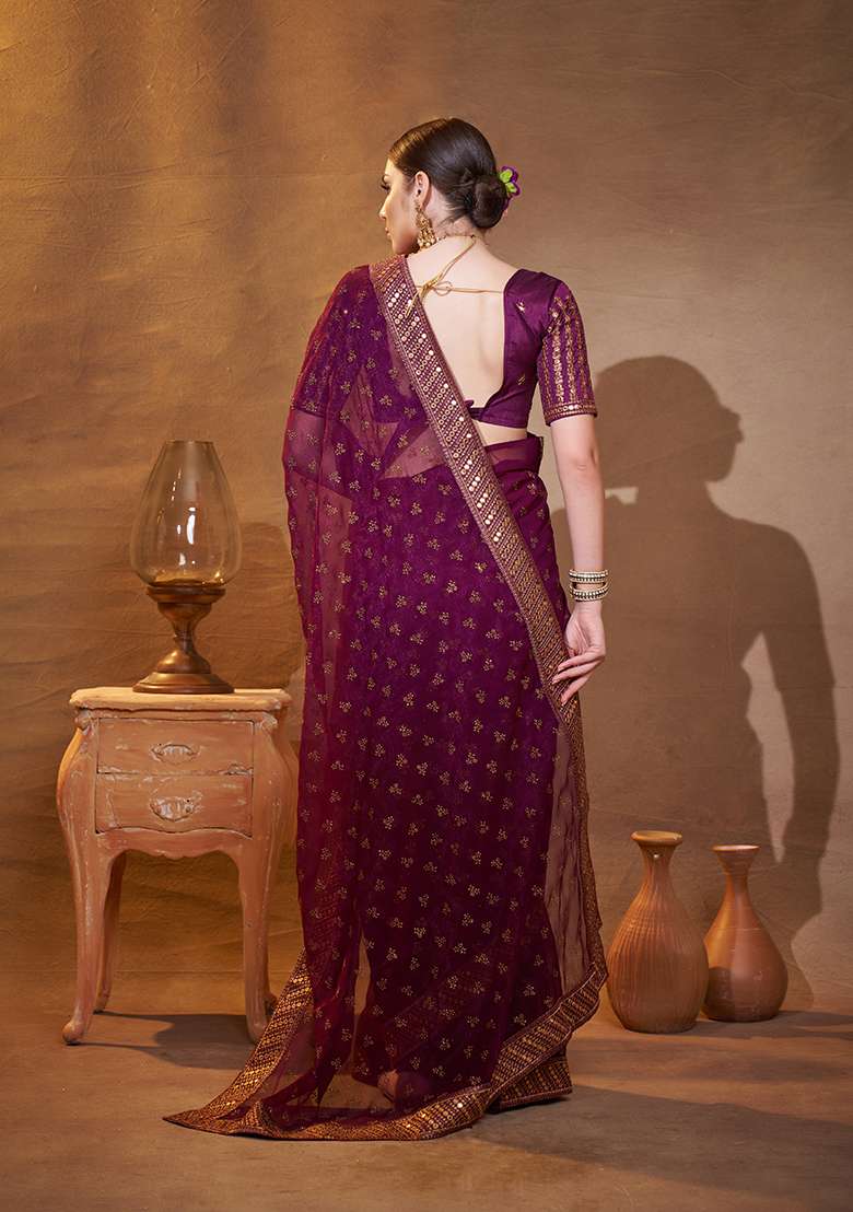 Purple Embroidered Chiffon Saree Set - Indya
