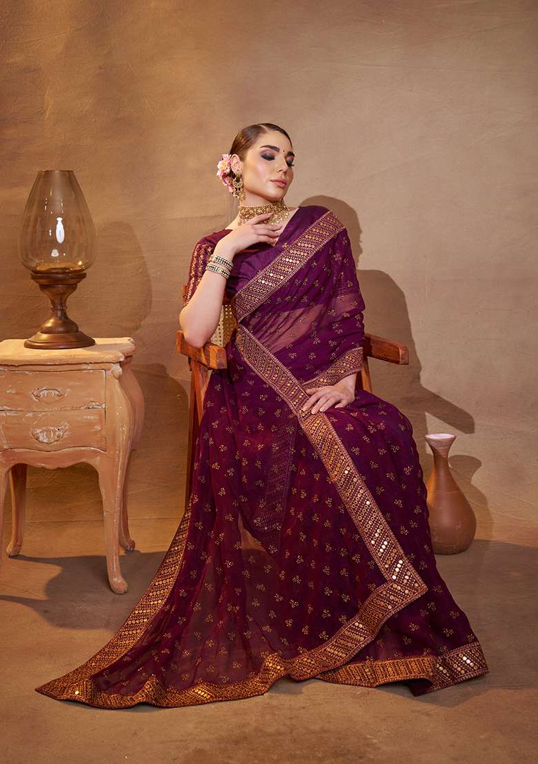 Purple Embroidered Chiffon Saree Set - Indya