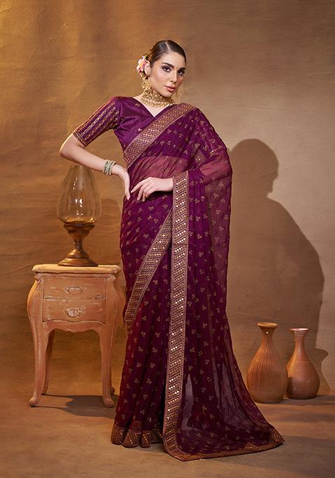 Purple Embroidered Chiffon Saree Set