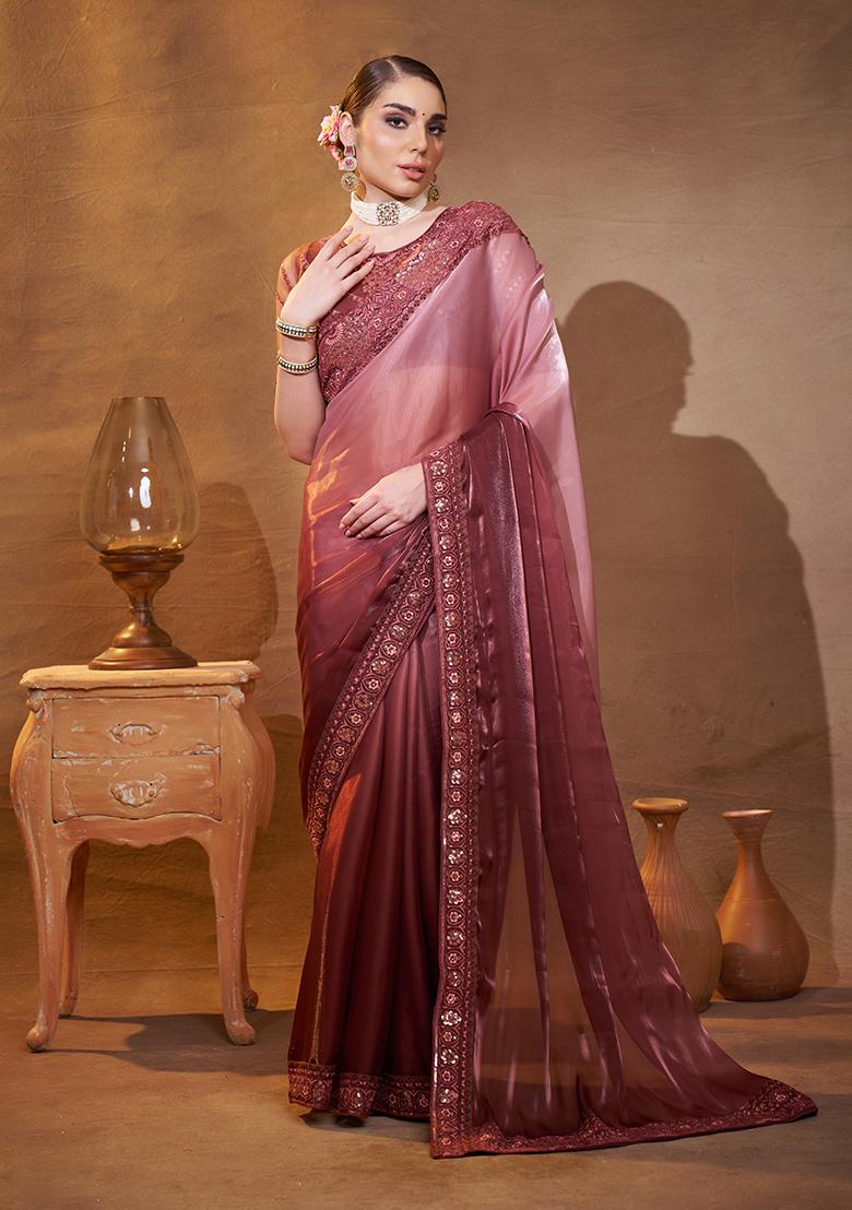 Pink And Brown Embroidered Jacquard Saree Set