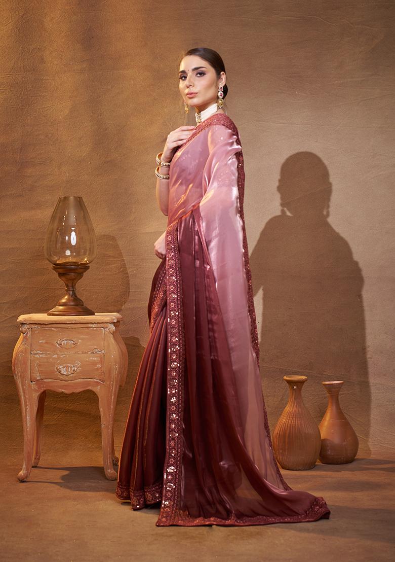 Pink And Brown Embroidered Jacquard Saree Set