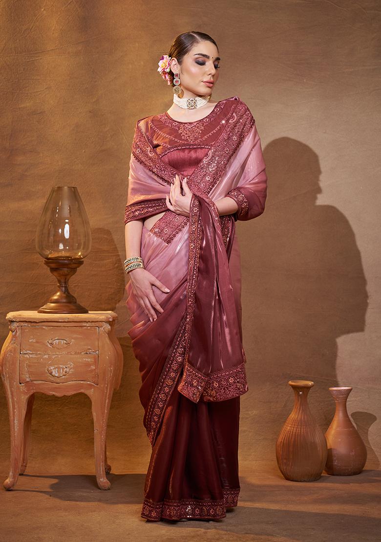 Pink And Brown Embroidered Jacquard Saree Set