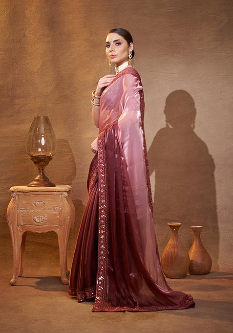 Pink And Brown Embroidered Jacquard Saree Set