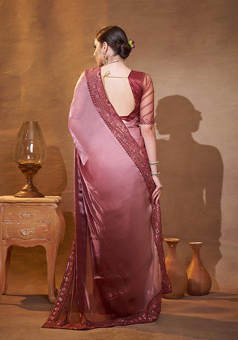 Pink And Brown Embroidered Jacquard Saree Set