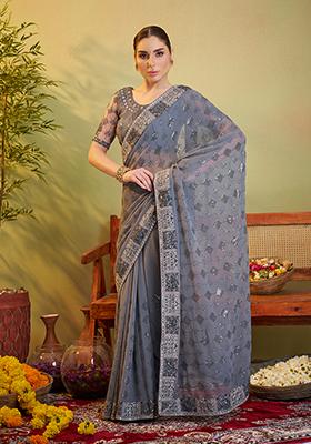 Grey Embroidered Georgette Saree Set