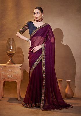 Purple Embroidered Chiffon Saree Set