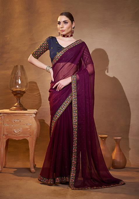 Purple Embroidered Chiffon Saree Set