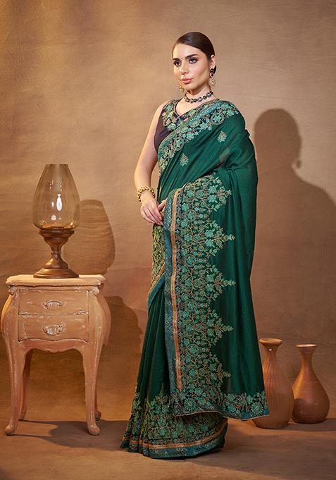 Dark Green Embroidered Silk Blend Saree Set