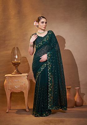 Dark Green Embroidered Georgette Saree Set
