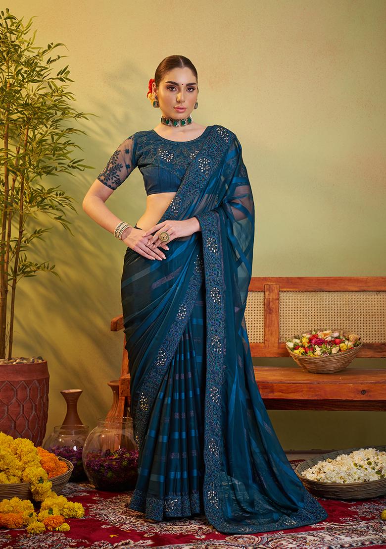 Teal Blue Embroidered Jacquard Saree Set