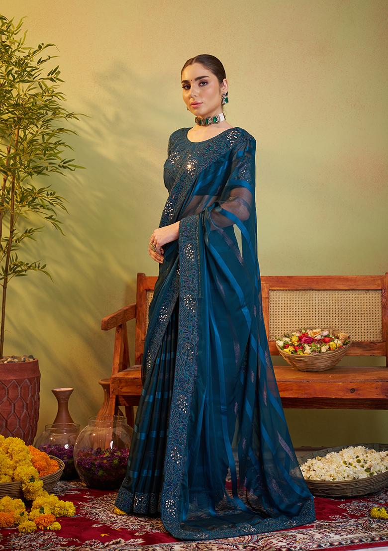 Teal Blue Embroidered Jacquard Saree Set