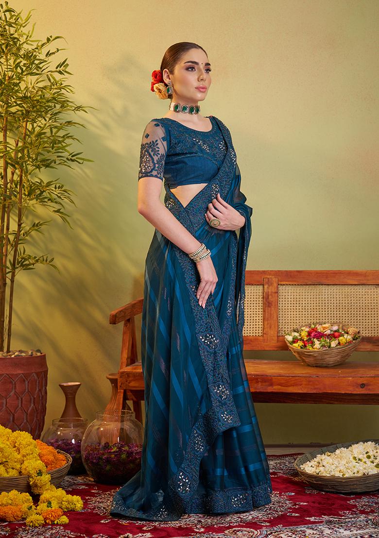Teal Blue Embroidered Jacquard Saree Set