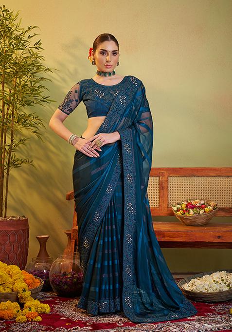 Teal Blue Embroidered Jacquard Saree Set