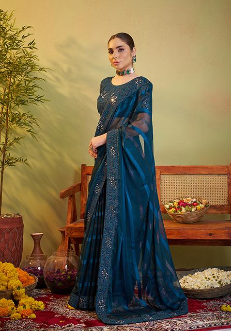 Teal Blue Embroidered Jacquard Saree Set