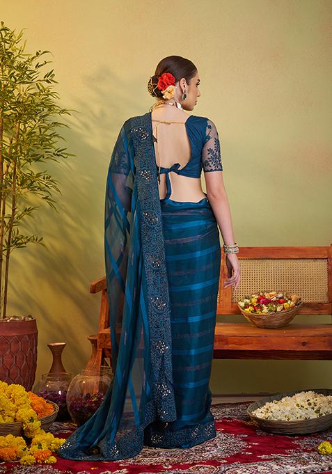 Teal Blue Embroidered Jacquard Saree Set