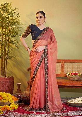 Peach Embroidered Chiffon Saree Set