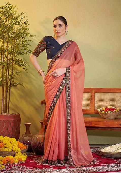 Peach Embroidered Chiffon Saree Set