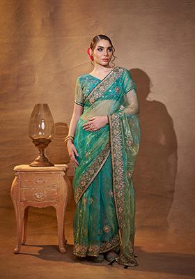 Turquoise Blue Embroidered Organza Saree Set