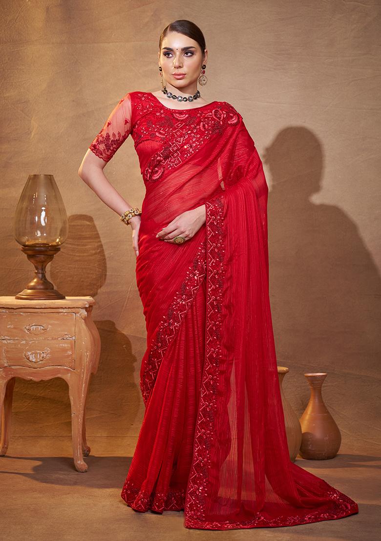 Red Embroidered Jacquard Saree Set