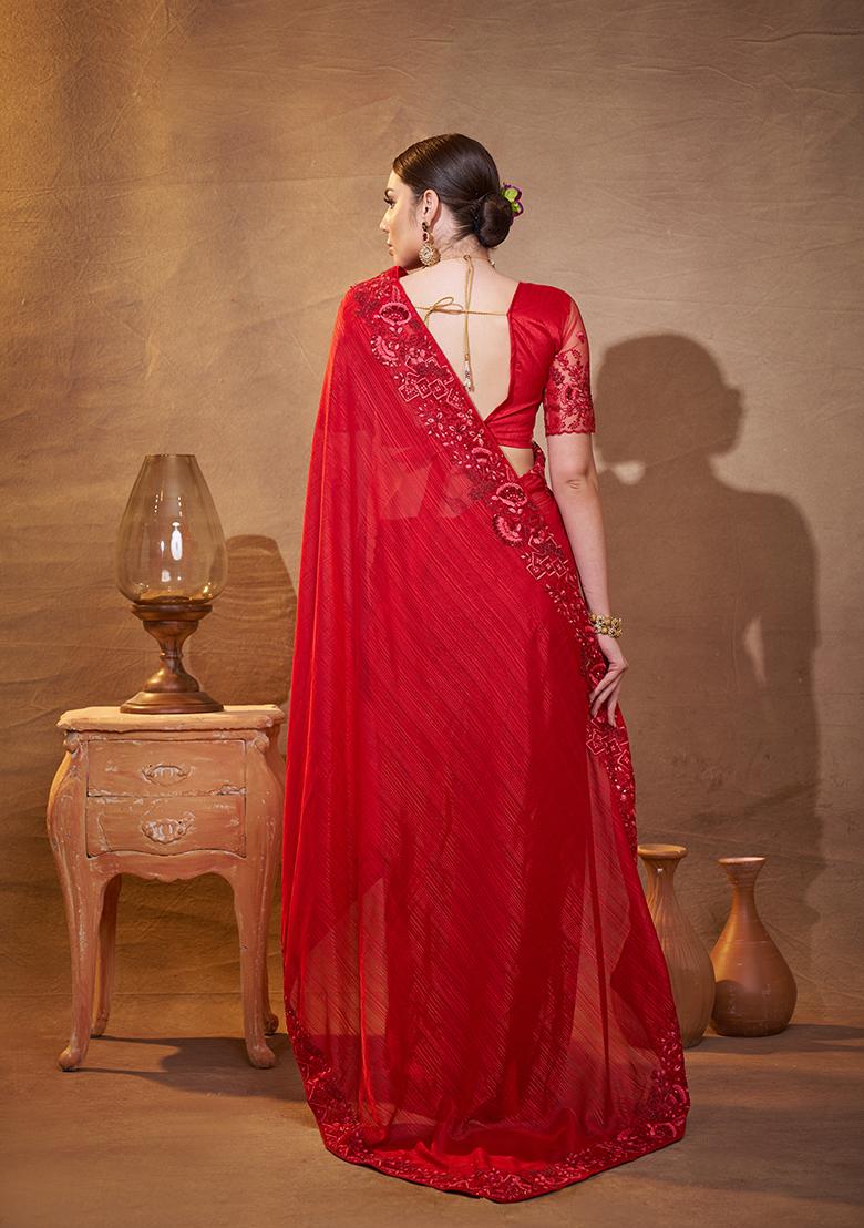 Red Embroidered Jacquard Saree Set