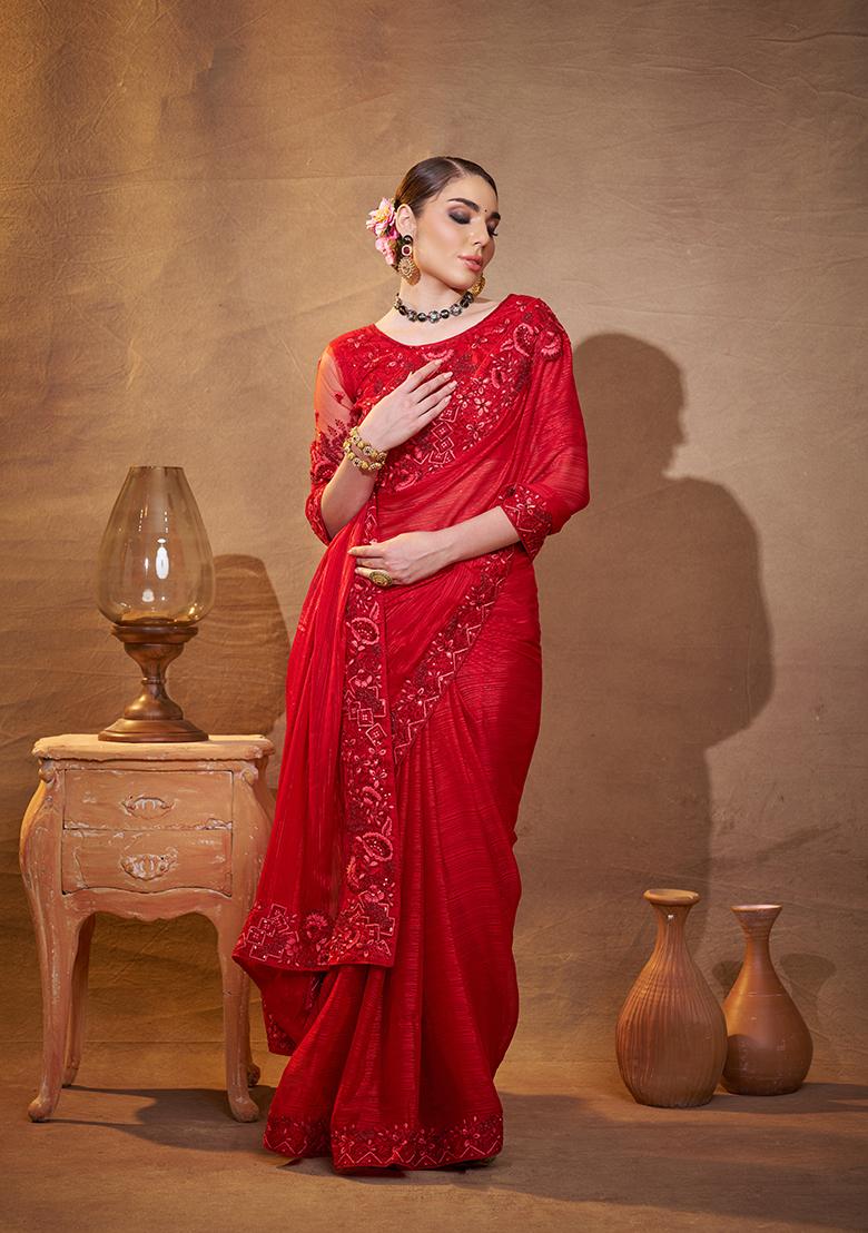 Red Embroidered Jacquard Saree Set