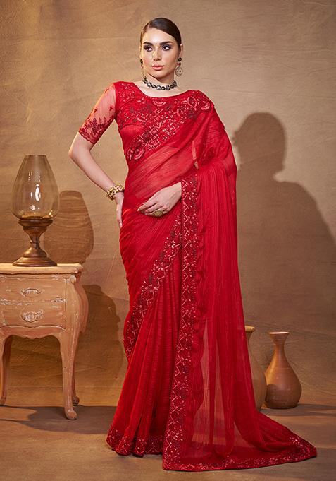 Red Embroidered Jacquard Saree Set