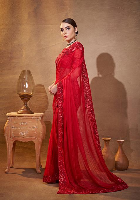 Red Embroidered Jacquard Saree Set