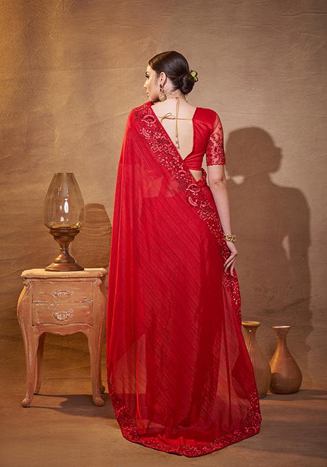 Red Embroidered Jacquard Saree Set