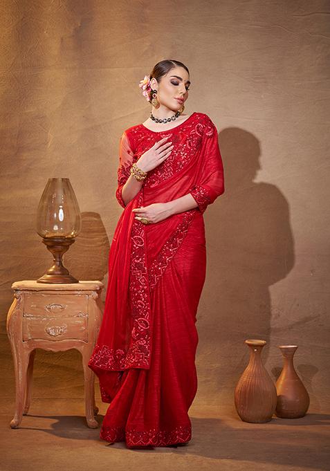 Red Embroidered Jacquard Saree Set