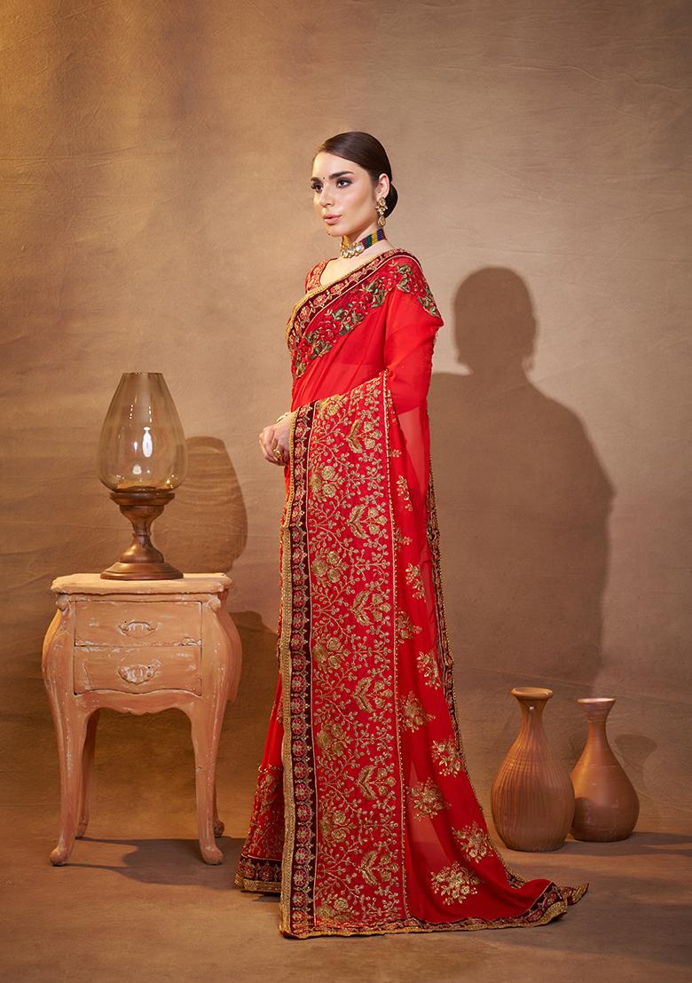 Red Embroidered Silk Blend Saree Set