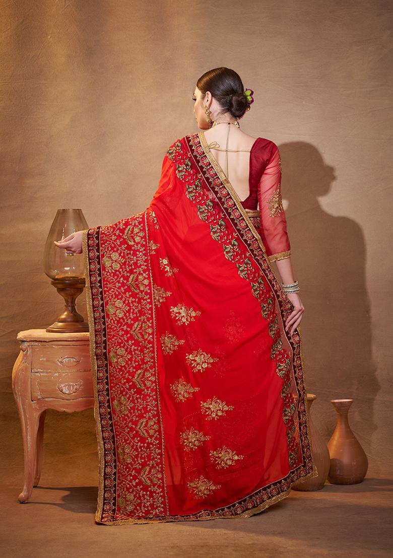 Red Embroidered Silk Blend Saree Set