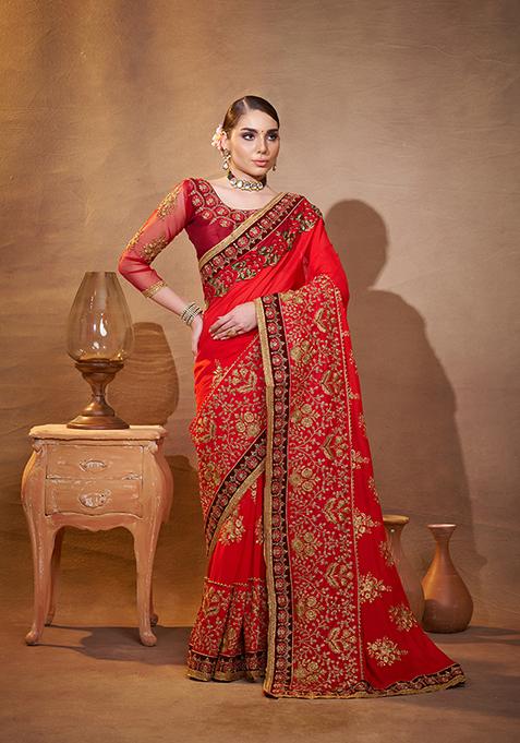 Red Embroidered Silk Blend Saree Set