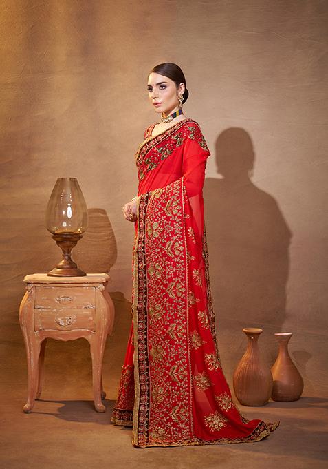 Red Embroidered Silk Blend Saree Set