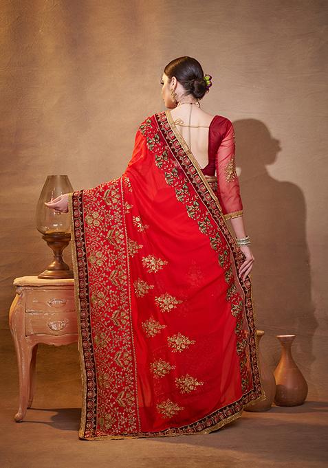 Red Embroidered Silk Blend Saree Set