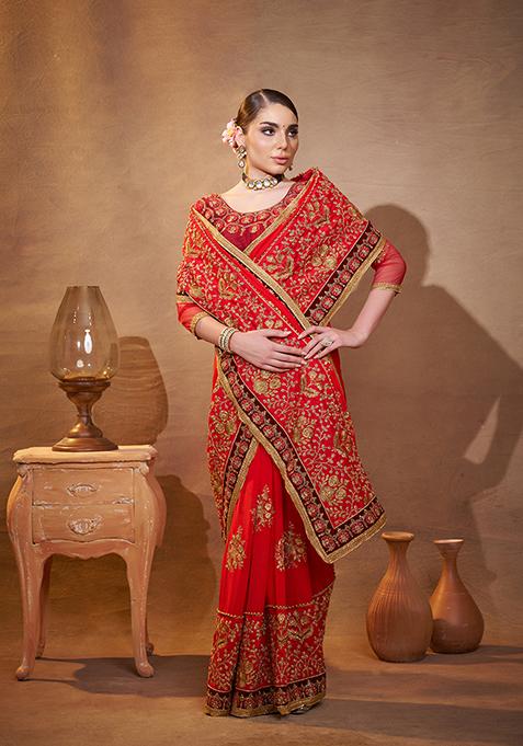 Red Embroidered Silk Blend Saree Set