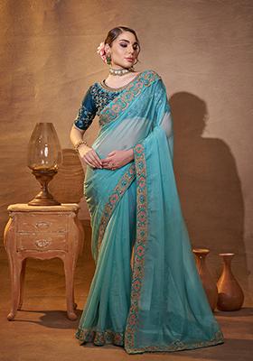Turquoise Blue Embroidered Organza Saree Set