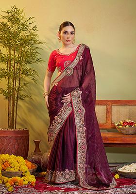 Purple Embroidered Organza Saree Set
