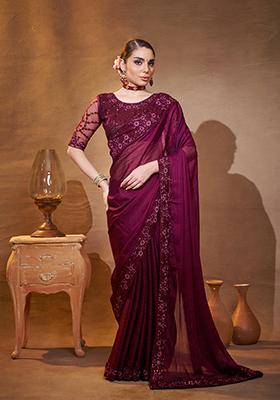 Purple Embroidered Jacquard Saree Set