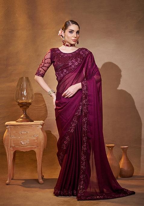 Purple Embroidered Jacquard Saree Set