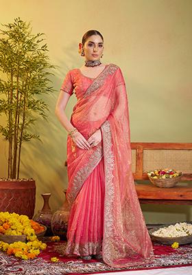 Peach And Gold Embroidered Organza Saree Set
