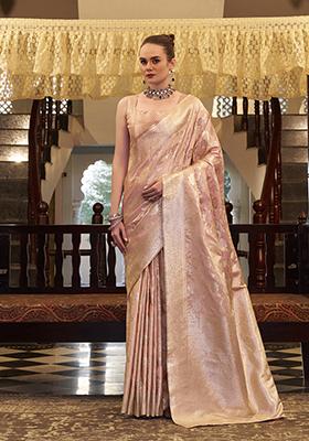 Peach Zari Woven Silk Saree Set