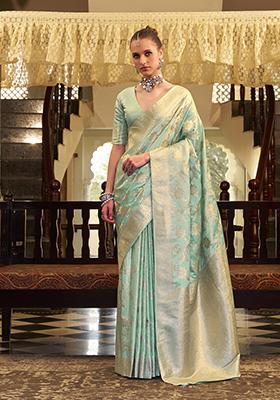 Sea Green Zari Woven Silk Saree Set