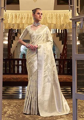 Cream Zari Woven Silk Saree Set