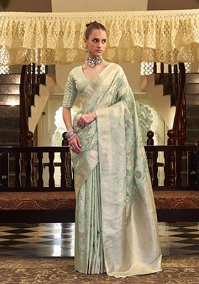 Sea Green Zari Woven Silk Saree Set