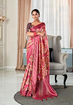Pink Digital Print Silk Blend Saree Set