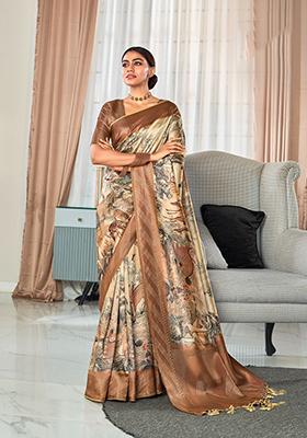 Brown Digital Print Silk Blend Saree Set
