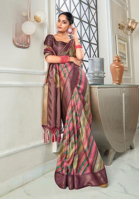 Wine Digital Print Silk Blend Saree Set