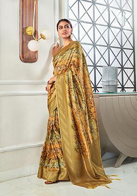 Yellow Digital Print Silk Blend Saree Set