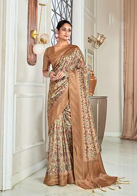 Brown Digital Print Silk Blend Saree Set
